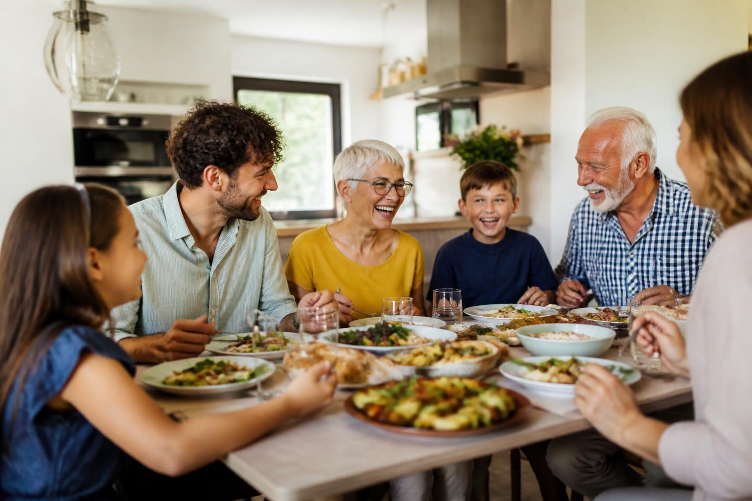 Family enjoying a home-delivered meal together